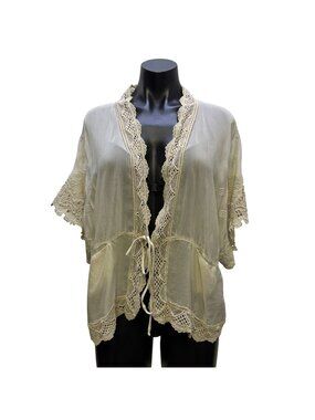 Johnny Was Silk Cardigan Ivory Lace Trim Open Front S